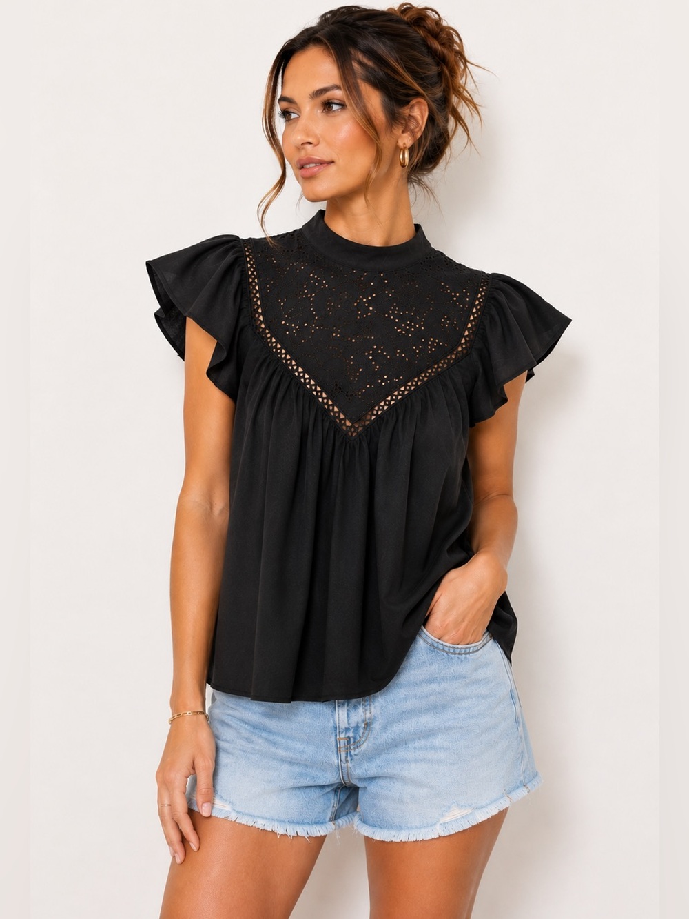Express Black Flutter Sleeve Eyelet Lace Blouse XXS Boho Romantic Top NWOT
